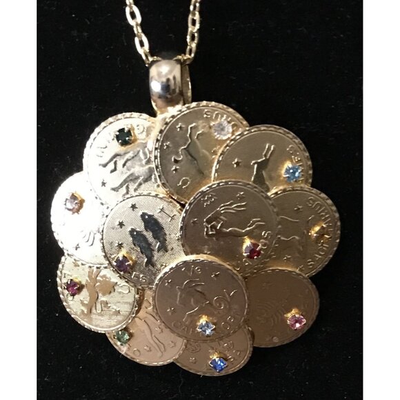 SIGNED Hobe' Gold-Tone Astrological Coin Statement Pendant With Rhinestone - Picture 2 of 7